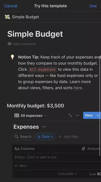 Шаблон с бюджетом подойдет для сметы Интерфейс Notion
