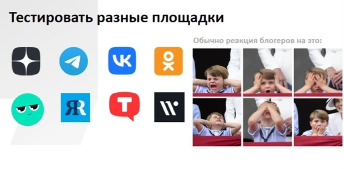 Когда предлагаешь блогерам из заблокированных соцсетей перейти на другие, реакция всегда примерно одинаковая – как у принца Луи Скриншот из презентации TexTerra