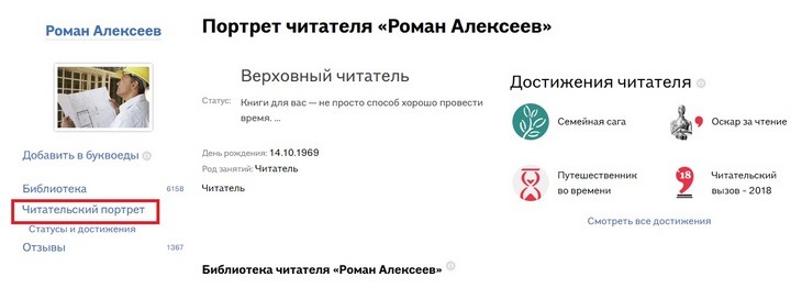 Читательский портрет появляется при прокручивании профиля пользователя вниз, но можно нажать на опцию сразу Геймификация в маркетинге – 10 примеров. «Буквоед»
