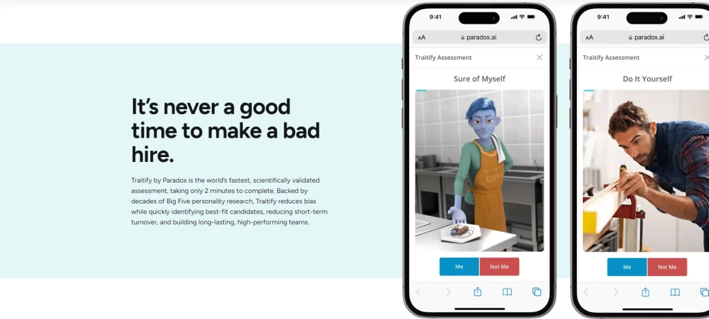 Чтобы испытать Traitify на себе, нужно отправить заявку на демо в Paradox.ai Тест Traitify от Paradox.ai