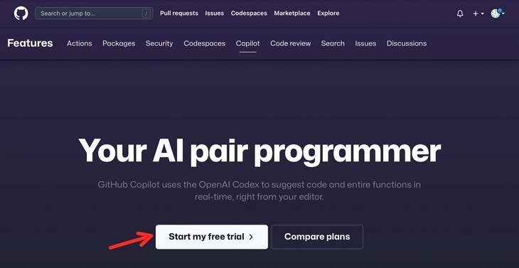 Начинаем пробный период Сайт GitHub Copilot