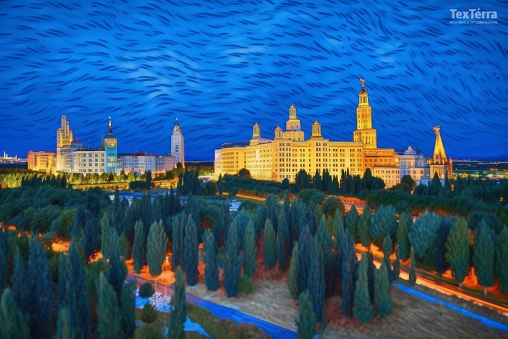 Нейросеть рисует картины в стиле Ван Гога: Radisson Collection Hotel Radisson Collection Hotel на картине нейросети