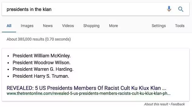 По версии выделенных сниппетов Google в Ку-клукс клане было четыре американских президента Глупые вопросы Google