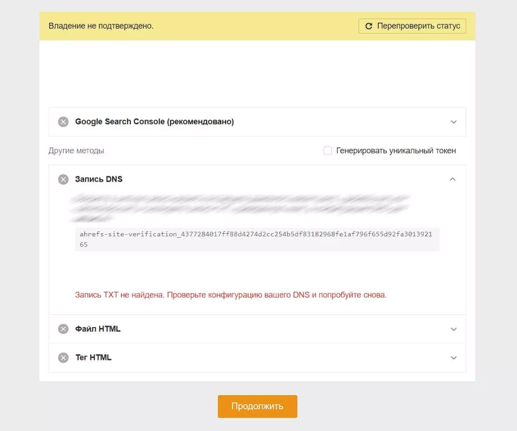 Если TXT не найден, то вы увидите соответствующую ошибку Запись DNS