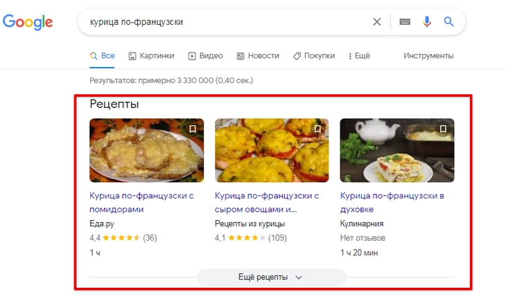 Карусель рецептов содержит три видимых результата Так выглядит представление Рецепты («галерея» или «карусель»)
