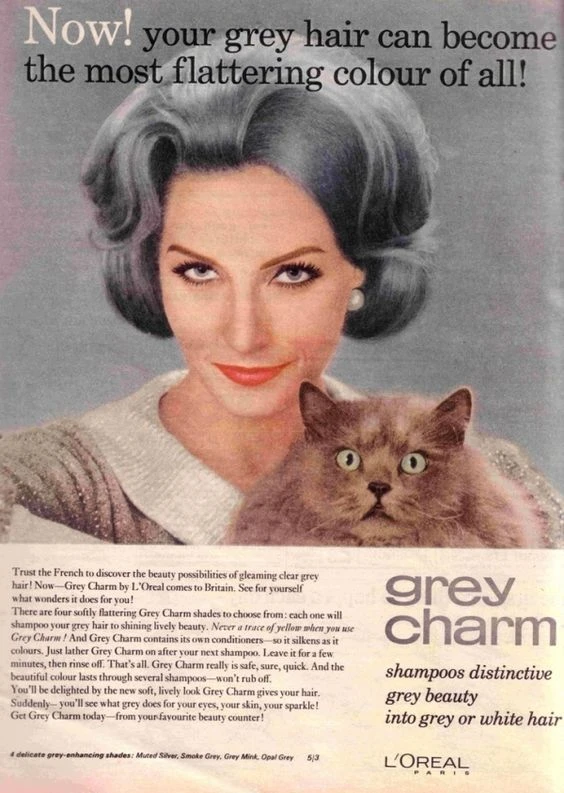 Реклама шампуня Grey Charm от L’Oreal в британском журнале, 1960-е годы Реклама шампуня Grey Charm