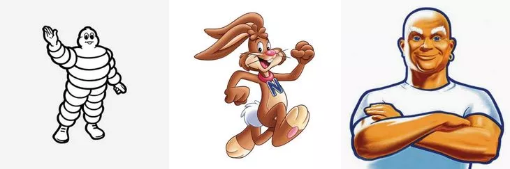 примеры логотипов на основе персонажа логотипы Mr Proper, Michelin, Nesquik