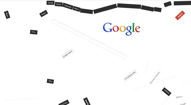 Элементы страницы Google разлетаются, и их можно расталкивать мышкой Гугл в невесомости