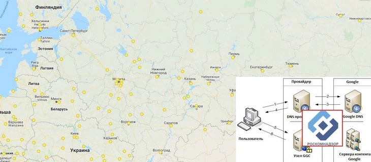 Карта расположения серверов Google Global Cache в России по состоянию на 2020 год. Альт