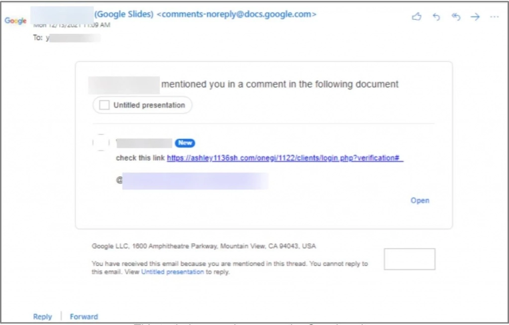 Пример письма с уведомлением от Google Docs Письмо с вредоносной ссылкой