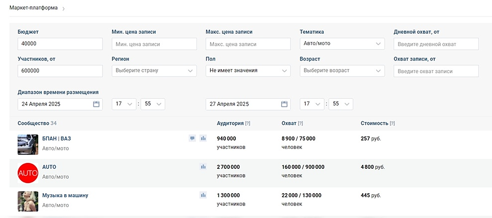 Настройки подбора сообществ в «Маркет-платформе» Интерфейс Маркет-платформы VK
