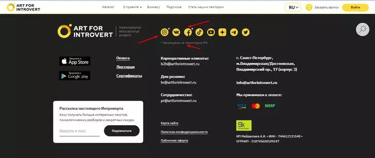 В подвале сайта – ссылки на те самые соцсети, которые 99% других брендов убрали. «Правое полушарие интроверта» подстраховались и указали, что соцсети запрещены в РФ Сайт «Правого полушария интроверта»