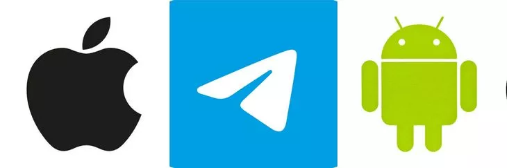 пример графических логотипов на основе знаков и символов логотипы Apple, Telegram и Androi