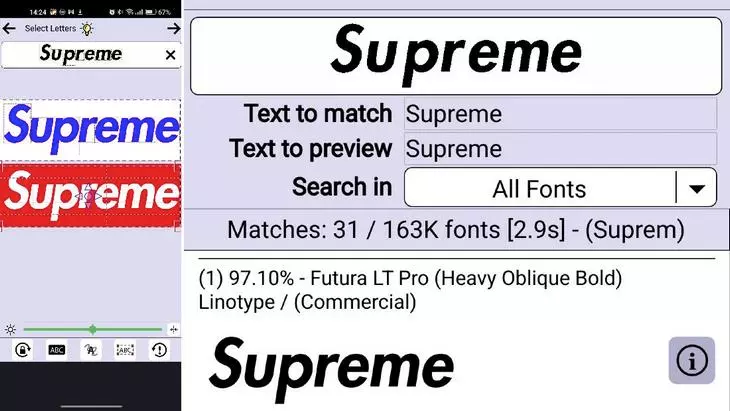 Результат поиска шрифта по картинке с мобильным приложением Find my Font