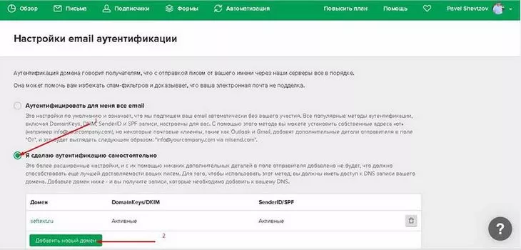 Выбираем самостоятельную аутентификацию, добавляем новый домен
