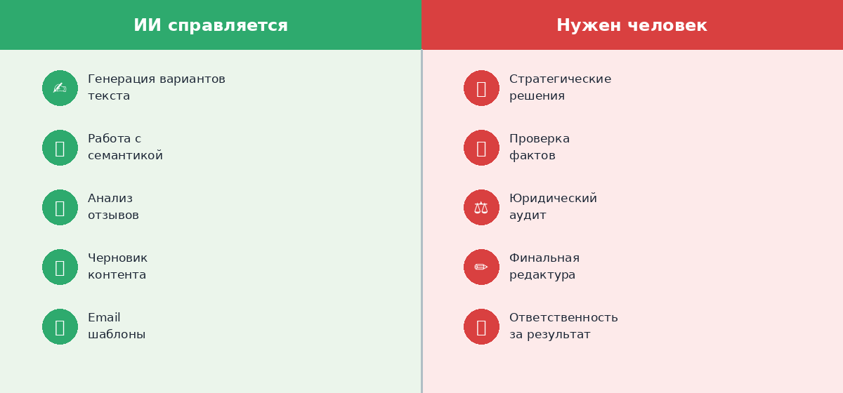 Сравнение маркетинговых задач, которые можно поручить искусственному интеллекту и человеку