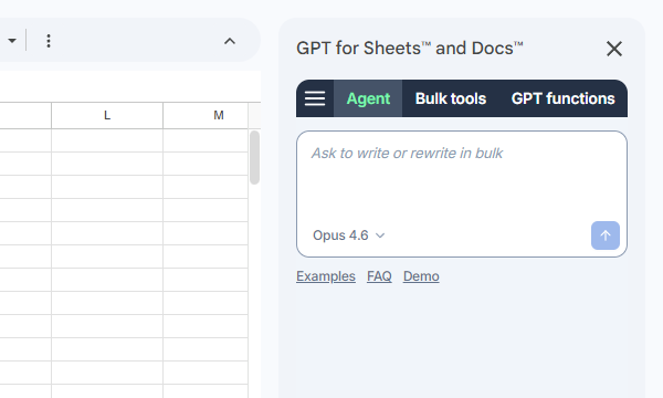 Боковая панель GPT for Sheets с разделом Agent