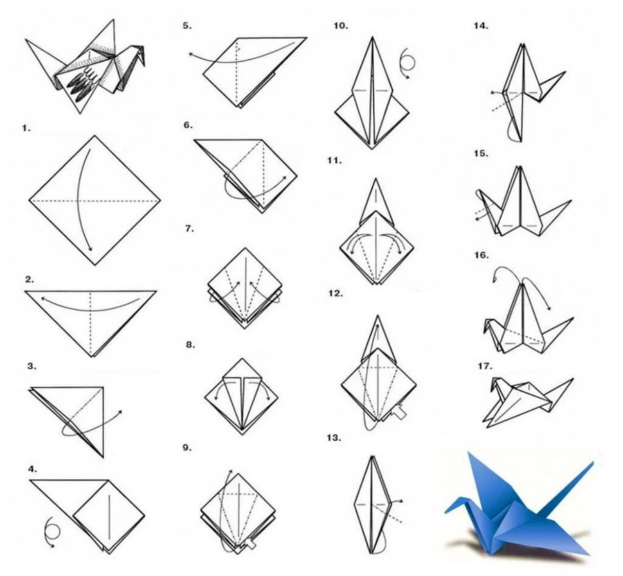 Схема оригами бумажного журавлика