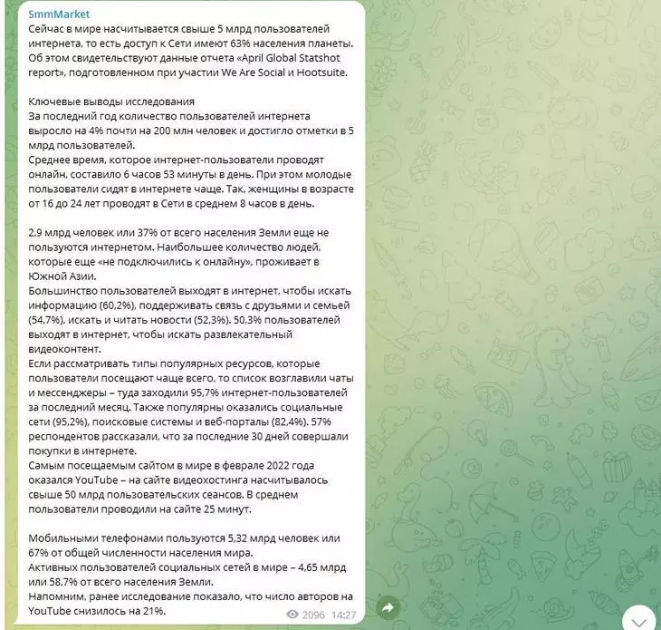 В канале много маркетинговой статистики и интересных новостей Канал SmmMarket