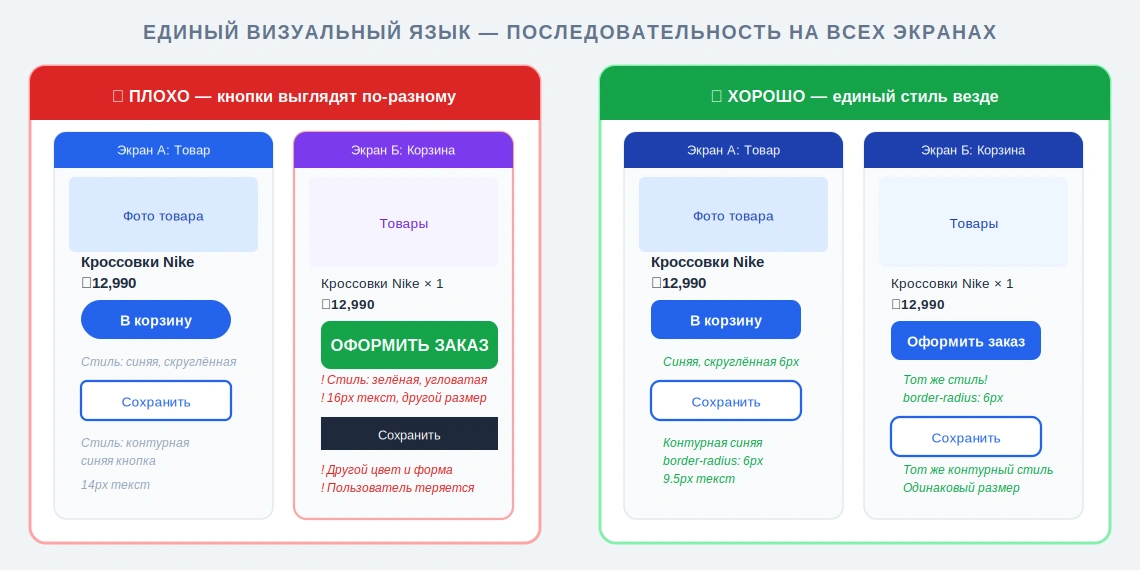 Сравнение плохого и хорошего визуального языка интерфейса: слева кнопки и стили выглядят по-разному, справа элементы оформлены единообразно на всех экранах