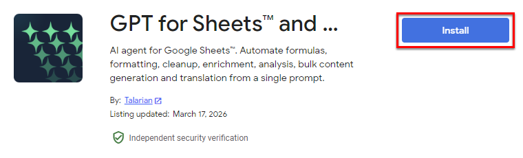 Установка GPT for Sheets and Docs из Google Workspace Marketplace