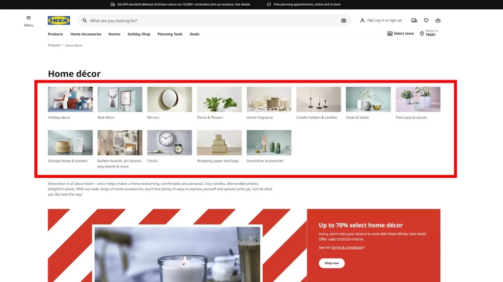 Обратите внимание на категории внутри красной рамки Сайт IKEA