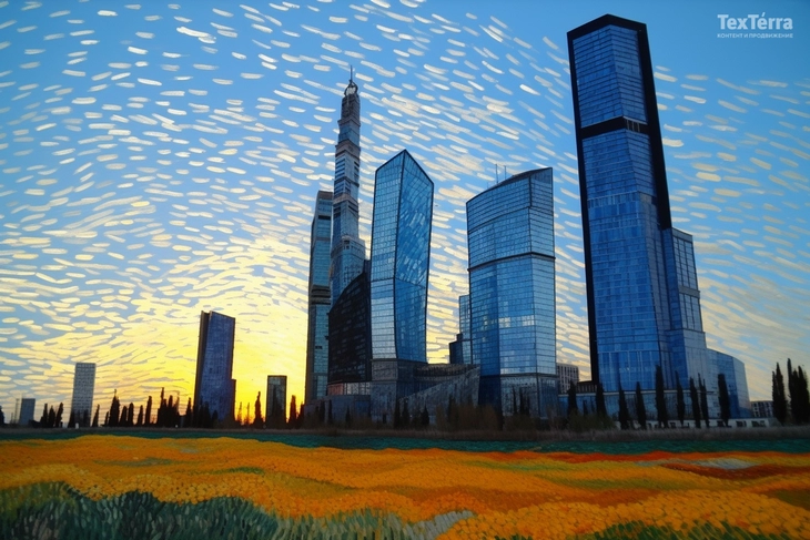 Нейросеть рисует картины в стиле Ван Гога: Москва-сити Москва-сити на картине нейросети