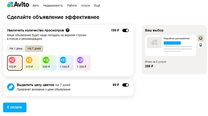 Цена за просмотры на Авито