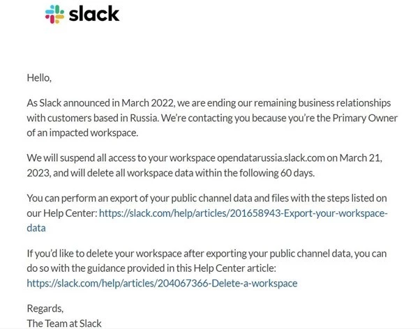 Письмо администрации Slack об отключении аккаунта Slack ушел из России