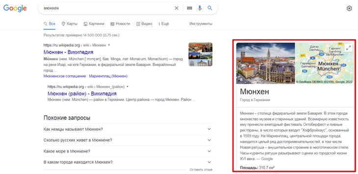 OneBox – специальный элемент выдачи Google, включающий в себя множество представлений результатов поиска Пример OneBox-элемента с блоком знаний о городе