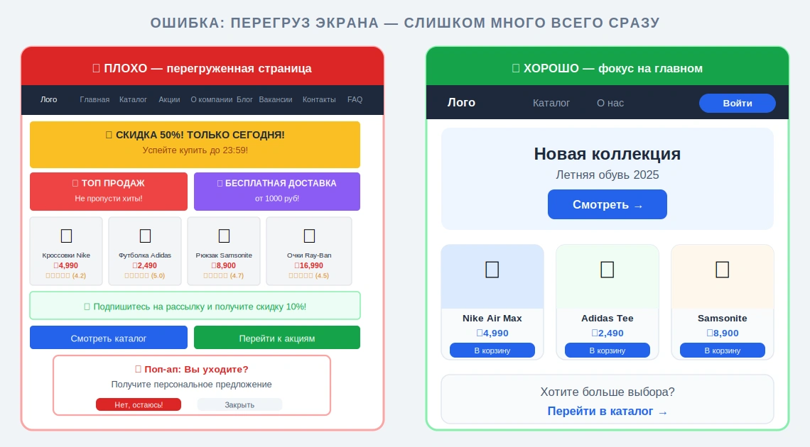 Сравнение перегруженной страницы и страницы с фокусом на главном: слева слишком много баннеров, кнопок и товаров, справа выделены основное предложение и ключевые действия