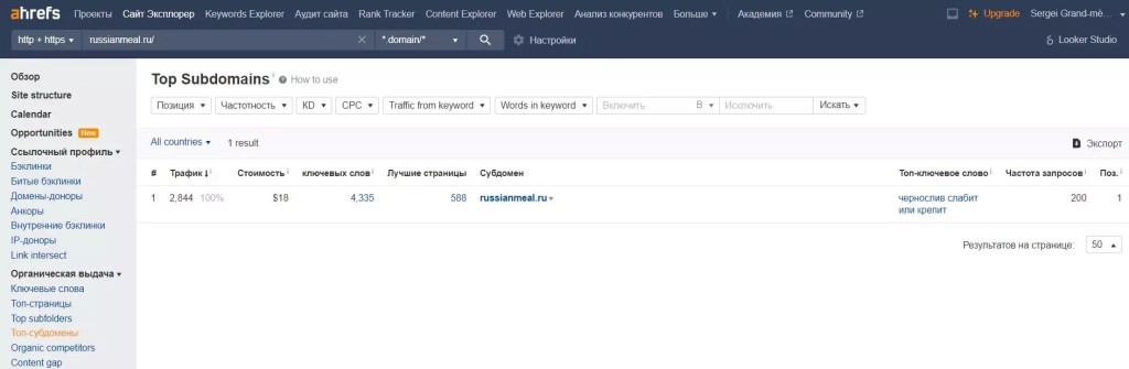 Удобно изучать объем посещаемости для одного или сразу несколько поддоменов Топ-поддомены