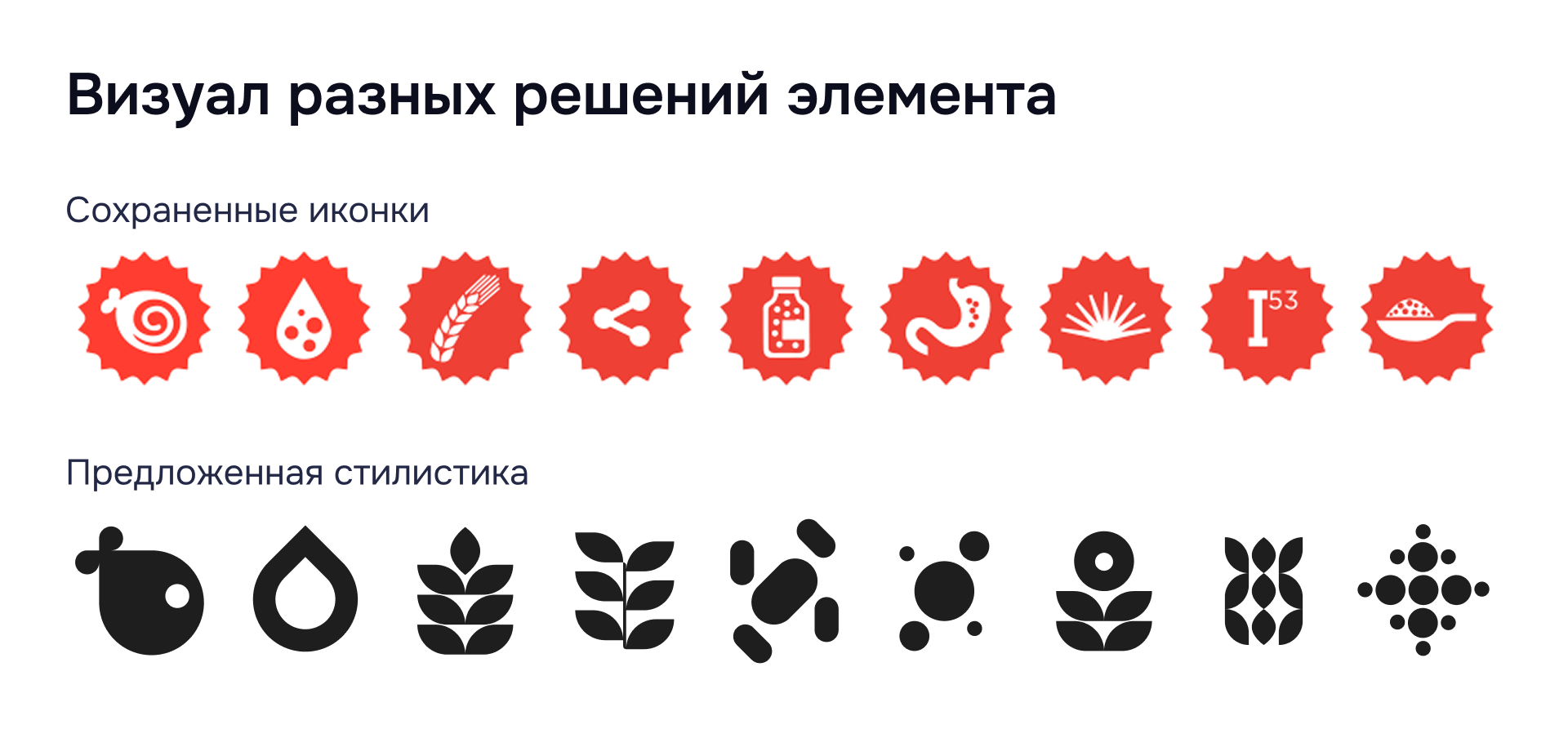 Сохраненные иконки и предложенный новый визуальный стиль Сравнение старых иконок и предложенного дизайнером минималистичного стиля