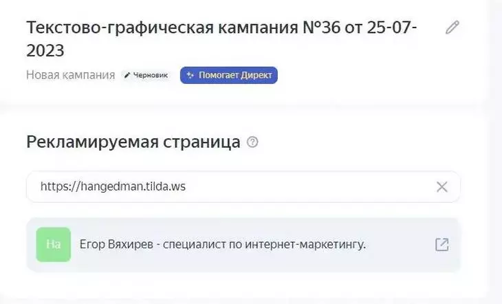 Создание кампании в Директ начинается с задания рекламируемой страницы Создание кампании в Директ начинается с задания рекламируемой страницы