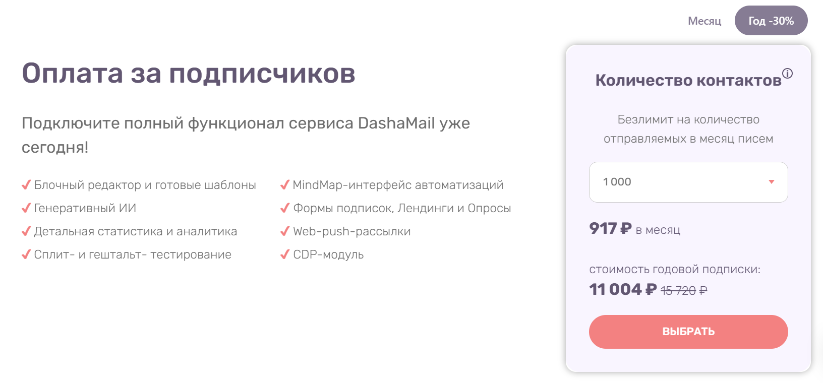 Сервис для рассылки писем на email Dashamail: тариф по количеству подписчиков