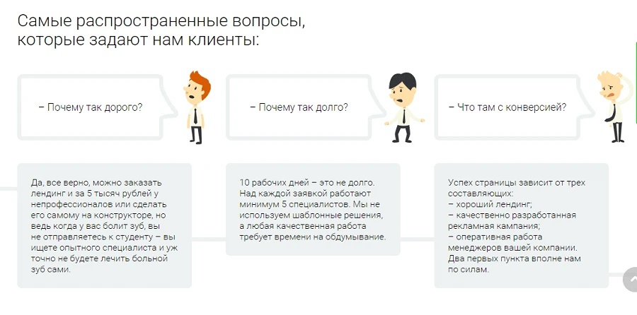 Блоки с ответами на распространенные вопросы «сложных» клиентов помогут владельцу бизнеса повысить продажи, а его менеджерам – отрабатывать возражения во время телефонных разговоров Лендинг
