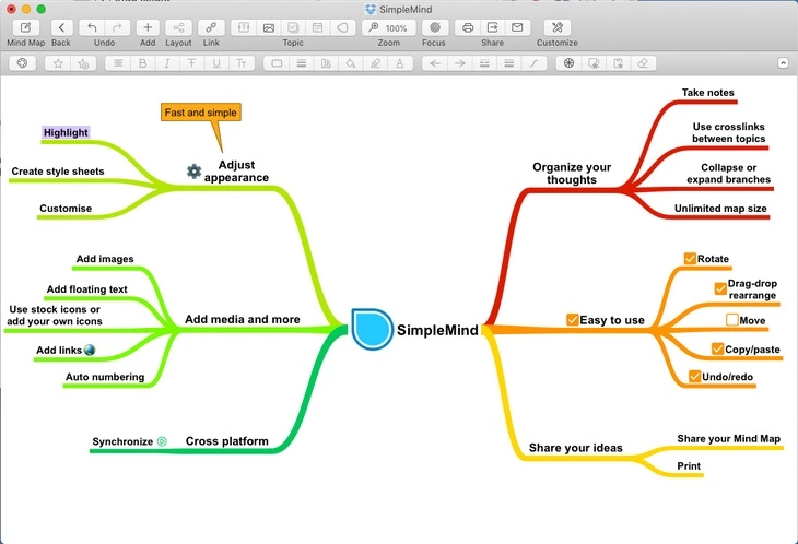 Интерфейс SimpleMind в 2022 году. Версия для MacOS