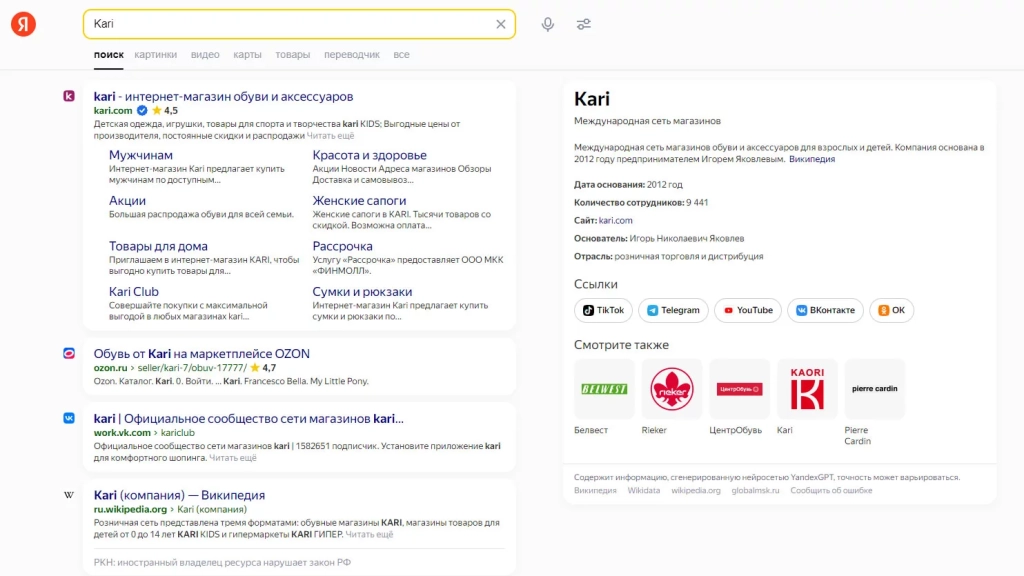 Выдача в Яндексе при поиске Kari Поисковая выдача в Яндексе