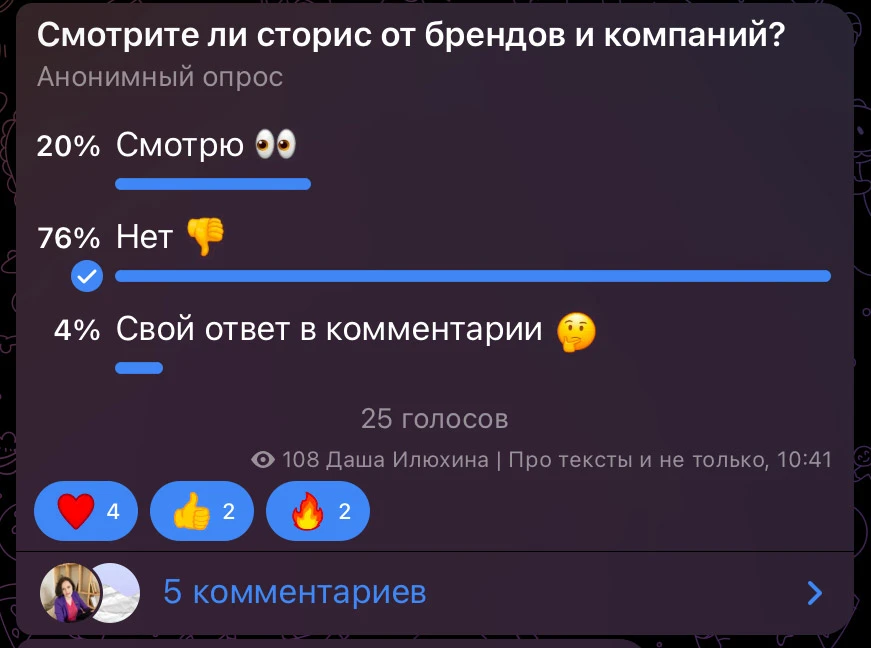Результаты опроса в канале «Даша про тексты и не только» Результаты опроса в канале «Даша про тексты и не только»