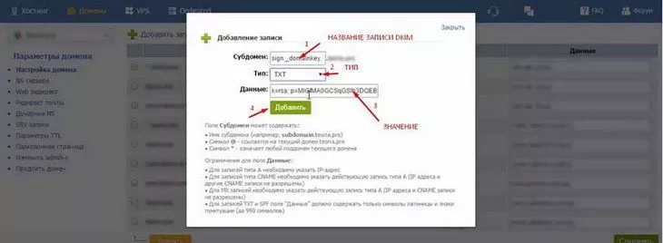 Добавляем новую DNS запись: копируем значения и нажимаем «Добавить»