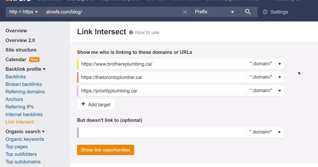 Получили перекрестный анализ ссылок для интересующего домена Отчет Link Intersect