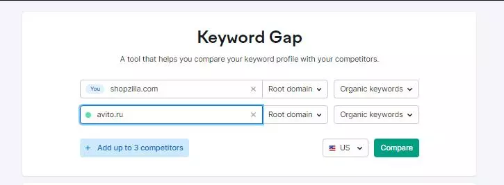 Введите два конкурирующих домена Keyword Gap