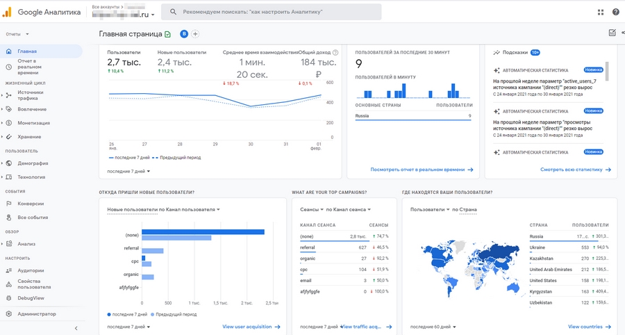 Рабочее окно «Главная» (сводка) при настроенном потоке данных для Google Analytics 4 Рабочее окно «Главная» (сводка) при настроенном потоке данных для Google Analytics 4