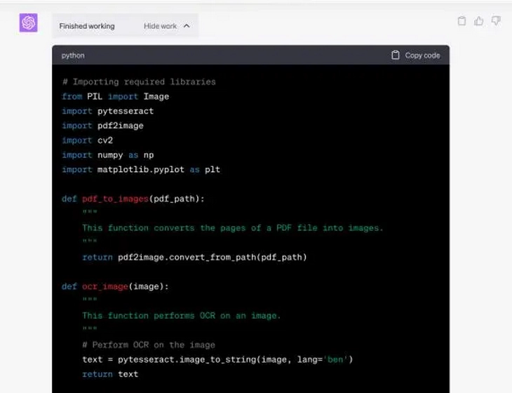 Пример ответа Code Interpreter от ChatGPT