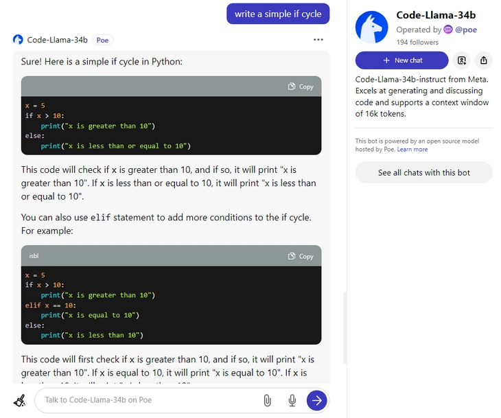 Code-Llama-34b и другие её версии доступны на платформе Poe Code-Llama-34b