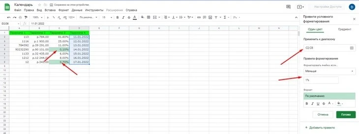 Ячейки со значением менее 1% залиты зелёным Условное форматирование данных в Google Sheets