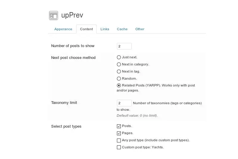 Настройка контента в Wordpress UpPrev Плагин для Wordpress UpPrev