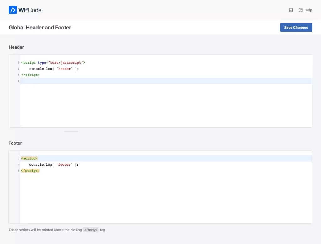 Пример глобального редактирования хедера и футера Плагин WP Code