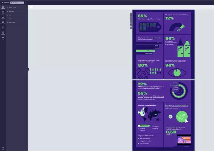 Piktochart состоит из семи разделов: графика, компоненты дизайна, загрузки, бэкграунды, текст, цветовые схемы, инструменты Интерфейс Piktochart