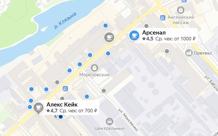 Все эти точки на карте – заведения общепита. Мы в центре. Какой спрос на еще одно место, где можно поесть? Наверное, такой же, как на лазанью от бренда зубной пасты Карта центра Орехово-Зуева